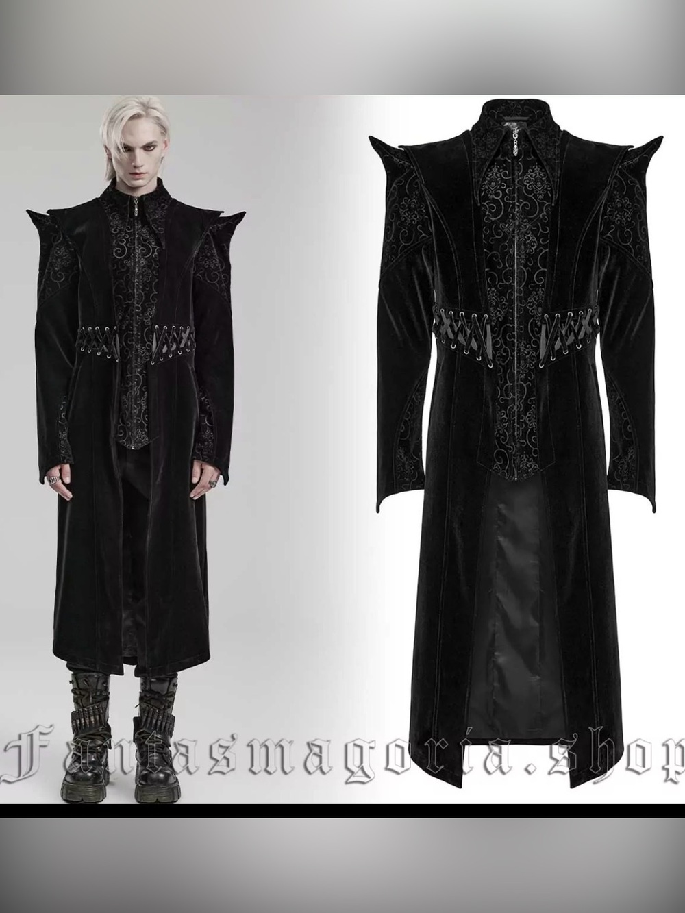 Gothic Long Velvet Coat with Ornate Waist Detail - Black ML size